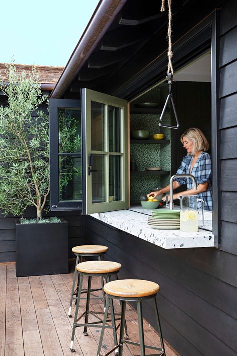 raili clasen california cottage modern pass through kitchen window Raili Clasen, Cedar Shiplap, Outdoor Shower Fixtures, Sofa Wood Frame, Cottage Exteriors, Bar Exterior, Outdoor Dining Room, Rustic Kitchen Design, Kitchen Window