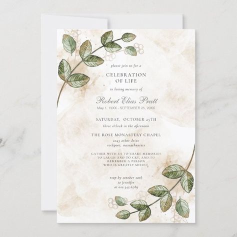 Celebration Of Life Template, Memorial Invitation, Life Template, Memorial Service Invitation, Memorial Cards, Leaves Design, Anniversary Invitations, Green Watercolor, Watercolor Leaves