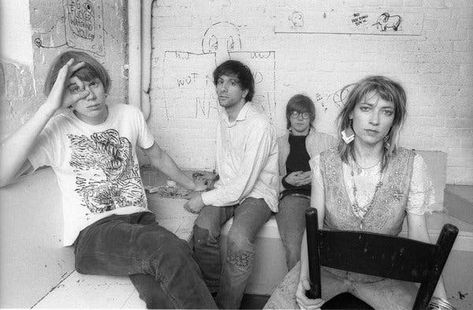 Sonic Youth backstage at the Paradiso music hall in Amsterdam in 1986. From left, Thurston Moore, Lee Ranaldo, Steve Shelley and Kim Gordon. Sonic Youth Albums, Jonathan Richman, Thurston Moore, Garage Punk, No Wave, Kim Gordon, Lee Radziwill, Faceless Men, Thelma Louise