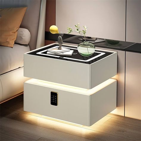 Amazon.com: FZYUAN Smart Nightstand with Wireless Charging & USB Port, Bedroom Side Table with Smart Combination Lock and Speaker, 2/3 Storage Drawers, LED Light Modern Bedside Table for Bedroom,Beige 2,W 40cm/16 : Home & Kitchen Bedside Table Ideas Modern, Modern Bedside Table Design, Night Tables Bedroom, Bedroom Side Table, Unique Bedside Tables, Mens Room Decor, Bedroom Beige, Bedside Table Decor, Unique Nightstand