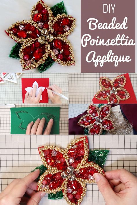 DIY Beaded applique for gift or costumes Beaded Poinsettia, Tambour Beading, Diy Bead Embroidery, Felt Beads, Tambour Embroidery, Bead Embroidery Tutorial, Brooch Diy, Christmas Applique, Holiday Costumes