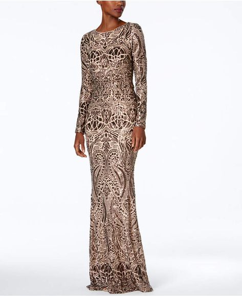 $309 Betsy & Adam Long-Sleeve Sequined Gown. A precise arrangement of sequins dazzles on a sinuous Betsy & Adam gown that skims the body before pooling fabulously at the floor. #ad #ShopStyle #macys #fashion #style #dress #longdress #maxidress Leopard Wedding, Petite Gowns, Sequined Gown, Gown Gold, Sequin Evening Gowns, Evening Gown Dresses, Sequin Gown, Gowns Online, Gowns With Sleeves