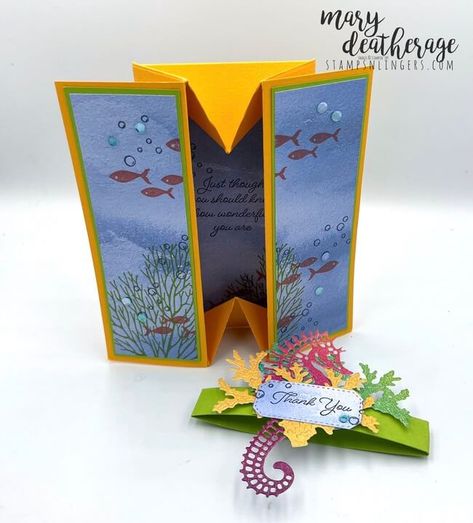 Stampin’ Up! Sea Life Seascape Box Card Fun Fold with Video Tutorial | Stamps – n - Lingers Box Cards Tutorial Templates, Box Fold Card, Fold Flat Box Card, Flat Fold Box Card Tutorial, Stampin Up Box Cards, Box Cards Tutorial, Georgia Atlanta, Fancy Fold Card Tutorials, Card Folds