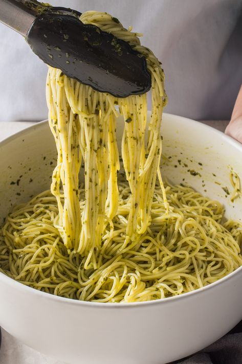 This herb-packed pasta starts with traditional pesto ingredients like basil and Parmesan, but gets boosted with capers, anchovies, and a little Dijon. Pasta With Basil, Pasta Varieties, Basil Pasta, Angel Hair Pasta, Angel Hair, Cooks Illustrated, Lemon Sauce, Americas Test Kitchen, Pasta Shapes