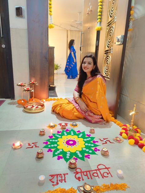 Married woman diwali look #simple #elegance #beautiful #diwali #Yellowsaree #pinkblouse #reusing #repeating #sustainable #restyle Happy Diwali Animation, Diwali Look, Diwali Animation, Bridal Boutique Interior, Simple Flower Rangoli, Welcome Home Decorations, Diwali Pooja, Diwali Photography, Indian Room