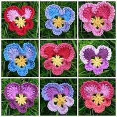 Projek Menjahit, Crochet Embellishments, Crocheted Flowers, Pansies Flowers, Knitted Flowers, Crochet Heart, Crochet Flower Patterns, Crochet Applique, Flower Bed