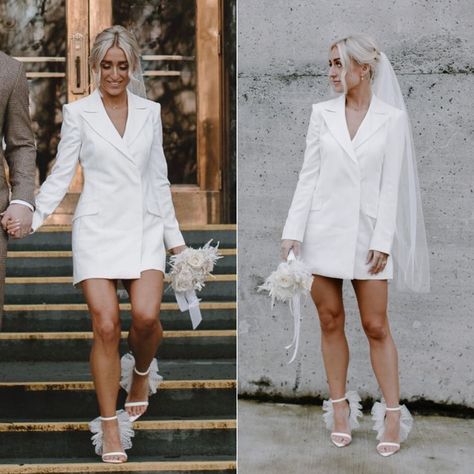 Tux Wedding Dress, Blazer Wedding Dress Plus Size, Blazer Dress White Wedding, Courthouse Wedding Blazer Dress, Wedding Blazer Dress Women, Civil Wedding Outfit The Bride Plus Size, Bride Blazer Dress, White Blazer Wedding Dress, Civil Wedding Short Dress