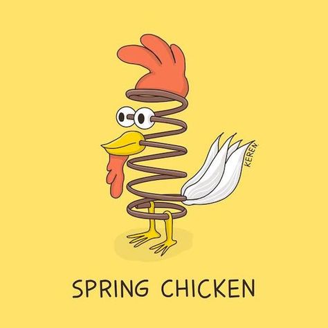 Funny Pun: Spring Chicken Chicken Puns Funny, Chicken Puns, Corny Puns, Bohemian Style Home, Punny Puns, Visual Puns, Cartoon Chicken, Easter Quotes, Spring Chicken