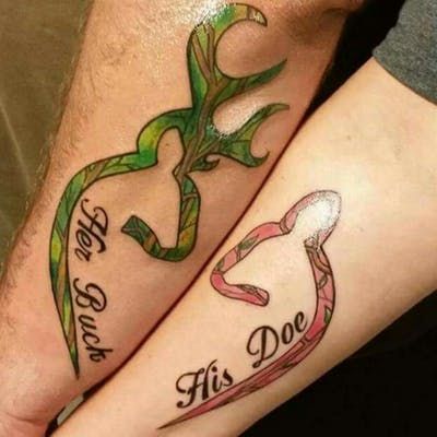 15+ Awesome Deer Couple Tattoos Designs Couples Deer Tattoos, Country Couple Tattoos, Tattoos Hunting, Deer Head Stencil, His And Her Tattoo, Disney Couple Tattoos, Deer Tattoos, Married Couple Tattoos, Marriage Tattoos