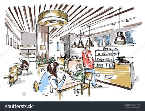 Coffee Shop Interior Design Sketch: Brewing Inspiration Cafe Interior Illustration, Cafe Interior Design Drawing, Cafe Sketch Coffee Shop, Cafe Perspective, Cafe Sketches, Bar Sketch, Restaurant Sketch, Cafe Sketch, Coffee Shop Interior