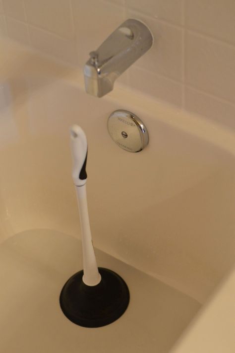 Before resorting to Draino, try using a plunger to unclog the bath tub drain! Unclog Tub Drain, Unclogging Bathtub, Diy Drano, Clogged Sink Bathroom, Unclog Bathtub Drain, Clogged Drain Bathtub, Toilet Drain, Cottagecore Kitchen, Unclog Drain