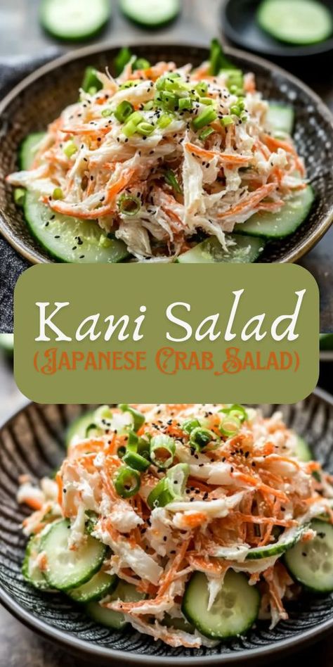 🦀 Easy Kani Salad – a light, refreshing, and creamy Japanese crab salad that’s easy to make at home! Made with imitation crab, crisp cucumbers, spicy mayo, and sesame seeds, this dish is perfect as a side, appetizer, or sushi topping. Ready in just 10 minutes and packed with flavor! 🌿✨ #KaniSalad #JapaneseFood #EasyRecipes #HealthyEating #SeafoodLover #SushiLover #MealPrep #QuickDinners #HomemadeGoodness #AsianCuisine Cucumber Kani Salad, Crab And Cucumber Salad Recipe, Imitatation Crab Cucumber Salad Recipe, Crab Cucumber Salad Recipe, Imitated Crab Cucumber Salad, Cucumber Salad With Crab Meat, Crab Cucumber Salad, Fake Crab Salad, Cucumber Sushi Salad