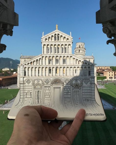 Pisa Cathedral. 3D Architectural Urban Moleskine Sketches. By Pietro Cataudella. Cathedral Sketch, Cathedral Drawing, Color Pencil Drawings, Pisa Cathedral, Bridge Drawing, Florence Cathedral, Milan Cathedral, Monster Drawing, Loch Ness Monster