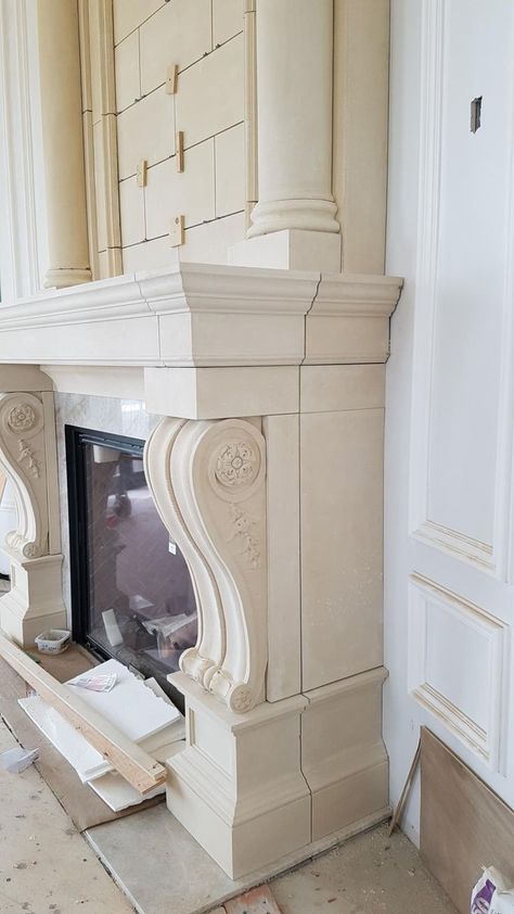 GRAND SCALE CUSTOM CARVED CAST STONE FIREPLACE MANTEL. SHOWN HERE PARTIALLY INSTALLED. Kingdom Vbs, Cast Stone Fireplace, Stone Fireplace Mantel, Gorgeous Fireplaces, Indoor Design, Custom Carved, Kitchen Hoods, Home Owners, Cast Stone