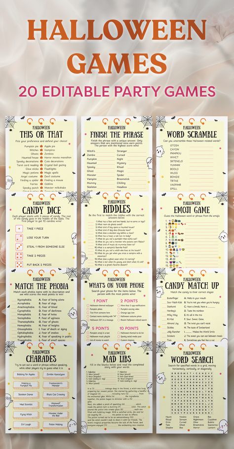 Image of a US Letter size papers with Halloween printable party games. The text says: Halloween games, 20 editable party games, 2 versions included - printable pdf version and editable version, easily edit the text, personalize in Canva. Free bonus included - editable party invitation and party favor tags. Fall Family Activities, Boo Party, Online Party Games, Girls Night Games, Halloween Games For Kids, Games Party, Invitation Party, Halloween Party Games, Printable Game