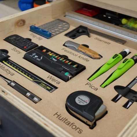 Organization of drawers. I made this with a 20- watt diode laser. Cut 10mm MDF. #hookedonwood #woodworking Garage Organization Tools Workbenches, Small Woodworking Shop, Woodshop Tools, Basement Workshop, Tool Drawers, Workbench Plans Diy, Garage Furniture, Woodworking Tools Storage, Tool Box Organization