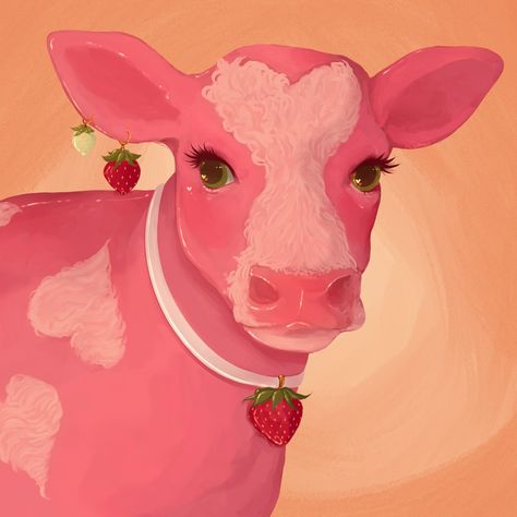 Strawberry cow 🍓🐄 By @tsundenials on Twitter Foto Muro Collage, Photowall Ideas, Cow Drawing, Strawberry Cow, Cow Painting, Pink Cow, Cow Art, Arte Inspo, Arte Sketchbook