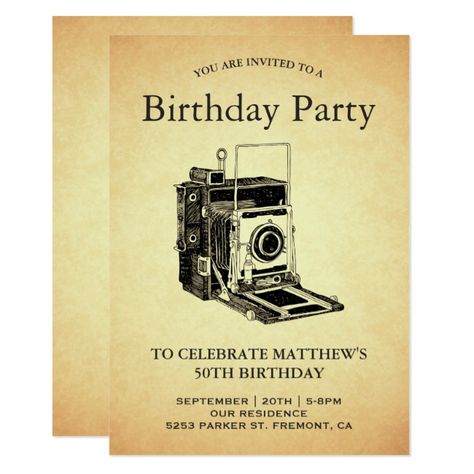 Vintage Birthday Theme, Party Theme Invitations, Invitation Photography, Vintage Birthday Party Invitations, Camera Birthday, Vintage Party Theme, Vintage Birthday Party, Vintage Birthday Parties, Parchment Background