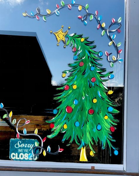 Cute Window Painting Ideas, Winter Window Art Preschool, Snowman Peeking In Window, Christmas Art On Windows, Christmas Painting On Glass Window, Painted Window Christmas, Festive Window Painting, Happy Holidays Window Painting, Grinch Window Painting Ideas