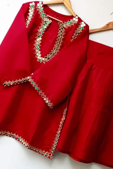 Beautiful katan silk mirror work and stitch dress and with gharara Mirror Work Dress, Top Designs For Women, Silk Dress Design, Stitch Dress, Silk Clothes, Kurti Embroidery Design, Kurti Neck Designs, Long Frocks, Chiffon Fashion