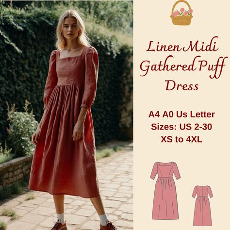 Cottagecore Gathered Midi Linen Dress Sewing Pattern: Available as an instant download (pdf) sewing pattern bundle with a range of size options: US Sizes: 2, 4, 6, 8, 10, 12, 14, 16, 18, 20, 22, 24, 26, 28, 30 Standard Sizes: XS, S, M, L, XL, 2XL, 3XL, 4XL These patterns are suitable for A4, A0, and US Letter size papers. As soon as your payment is processed, you will automatically receive download links for the pattern files. This is a digital product and not a finished item. You will receive z Cottage Core Sewing Patterns Free, Linen Dress Sewing, Free Dress Sewing Patterns, Cottagecore Dress Pattern, Midi Dress Sewing Pattern, Pattern Puff Sleeve, Vintage Dress Pattern, Cottage Dress, Homemade Dress