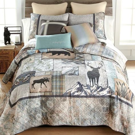 Master Bed Set, Collage Nature, Wildlife Quilts, Quilted Bedding, King Quilt Sets, Black Forest Decor, Nature Collage, Warm Taupe, Rustic Bedding