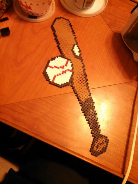 Perler Bead Baseball Bat & Ball Perler Bead Baseball, Sports Perler Bead Patterns, Perler Beads Sports, Baseball Perler Bead Pattern, Perler Bead Volleyball, Baseball Pixel Art, Easy Perler Bead Patterns, 8bit Art, Mini One