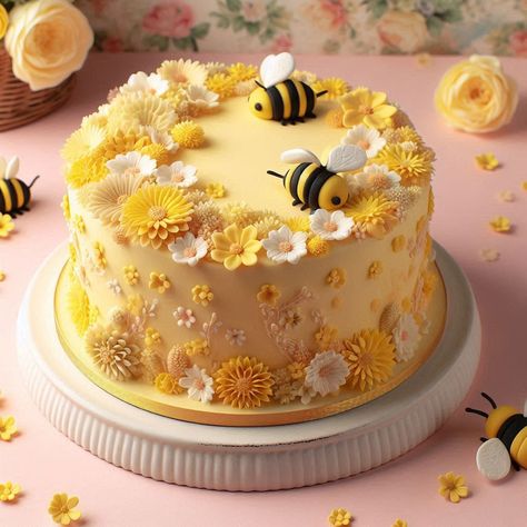 Yellow Vintage Cake, Cottage Cake, Bee Cake, Roblox Cake, Tiny Cakes, Bee Cakes, Holiday Inspo, Fun Cakes, Honey Cake