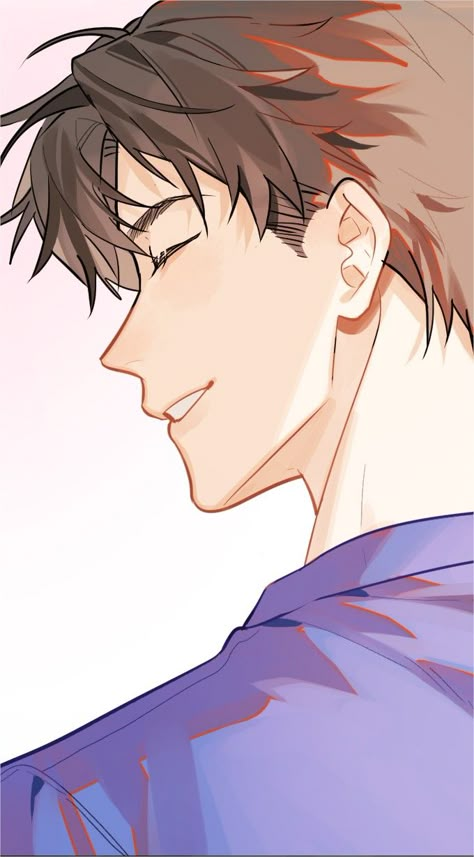 Anime Smile Side View, Side Smile Drawing Reference, Side Profile Lighting, Side Profile Smile, Anime Boy Smile, Webtoon Art Style, Brown Hair Anime, Side View Drawing, Smile Drawing