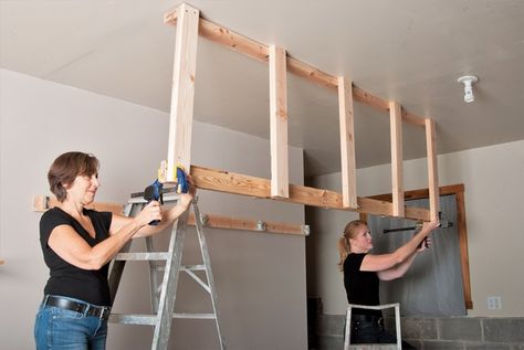 Diy Overhead Garage Storage, Hanging Garage Shelves, Garage Storage Diy, Garage Wall Shelving, Easy Garage Storage, Garage Ceiling Storage, Garage Storage Inspiration, Garage Organization Tips, Garage Organisation