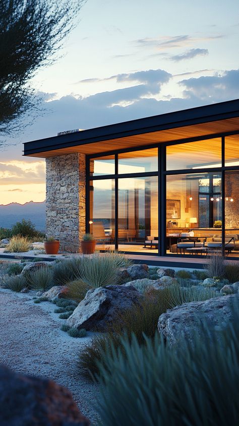 Modern desert home with wide windows showcasing the landscape. Desert Modern House, Sedona House, Modern Desert Home, Vast Landscape, Modern Desert, Desert Mountains, Wide Windows, Desert Homes, Mountain Home