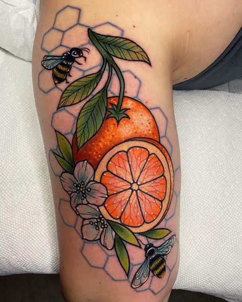 Hannah Tattoo, Orange Tattoo, Fruit Tattoo, Sweet Tattoos, Bee Tattoo, New School Tattoo, Skull Drawing, Cover Up Tattoos, Ink Stain