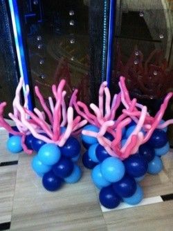 a little blurry, but coral balloon sculptures Shark Party Foods, Simple Balloon Decoration, Nemo Birthday Party, Dory Birthday, Finding Nemo Birthday, Nemo Birthday, Sea Baby Shower, Shark Birthday Party, Celebrate Good Times