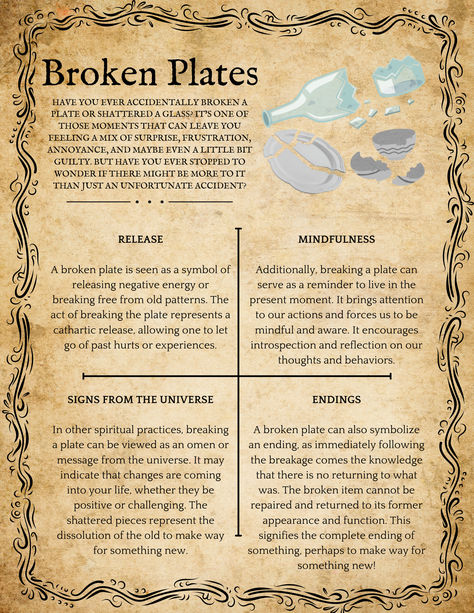 Have you ever accidentally broken a plate or shattered a glass? It’s one of those moments that can leave you feeling a mix of surprise, frustration, annoyance, and maybe even a little bit guilty. But have you ever stopped to wonder if there might be more to it than just an unfortunate accident?  #witchcraft #spirituality #broken #release #printable Witchcraft Spirituality, Charmed Book Of Shadows, Pagan Crafts, Releasing Negative Energy, Hebrew Alphabet, Spooky Stuff, Witch Stuff, Signs From The Universe, Meditation Benefits