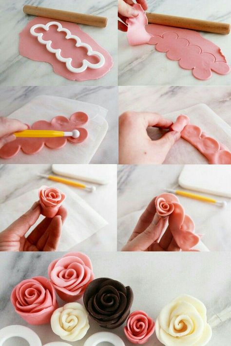 Rose Icing, Easy Rose, Fondant Flower Tutorial, Chocolate Garnishes, Fondant Rose, Creative Cake Decorating, Ribbon Rose, Modeling Chocolate, Fondant Decorations