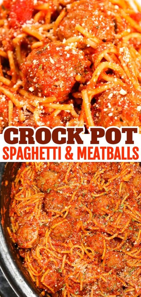 Crock Pot Spaghetti and Meatballs is an easy slow cooker dinner recipe made with frozen meatballs, marinara sauce, spaghetti and spices. Slow Cooker Pasta And Meatballs, Speggetti Meatballs, Crockpot Spaghetti Recipes Easy, Croc Pot Spaghetti, Crockpot Spaghetti With Frozen Meatballs, Spaghetti And Meatball Recipes Crockpot, Comfort Food Dinners Crock Pots, Spagetti In Crockpot, Frozen Meatballs And Spaghetti