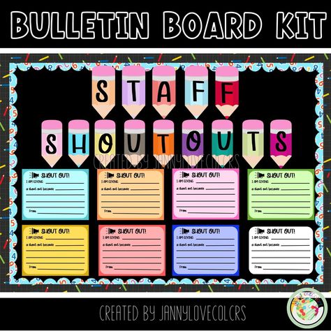 Fun Bulletin Boards For School, Employee Shoutout Board, Coworker Bulletin Board, Incentive Bulletin Boards Ideas, Shoutout Board Staff, Teacher Spotlight Bulletin Boards, Collaboration Bulletin Board Ideas, School Front Office Bulletin Board Ideas, Staff Shout Out Board Good Ideas