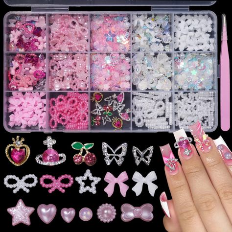 PRICES MAY VARY. ★Pink White Nail Charms: You will receive a box 15 grids of pink white assorted 3d nail charms. Enough quantity and styles of nail charms to meet your needs. ★Variety Styles & Shapes: This package includes pink & white assorted styles, such as bowknots/ flowers/ rose/ bears/ heart/ butterfly/ star/ planet/ cherry/ pearls/ sequins nail charms. With so many kinds of charms, it will surprise you and you can find something special in nail charms decoration. ★Trendy Cute Nail Charms: Nail Charms Aesthetic, Rose Bears, Planet Nails, Cherry Pearl, Pink White Nails, Pink Party Favors, Pearl Nail, Nail Work, Star Nail