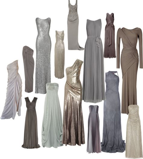 "14" shades of grey, created by kalliopaki on Polyvore Grey Gown, Grey Bridesmaids, Silver Bridesmaid, Always A Bridesmaid, Grey Bridesmaid Dresses, Gray Dresses, Classy Style, Wedding Design, Beautiful Gowns