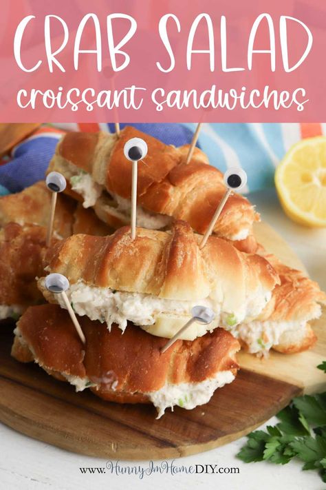 How to Make Cute Crab Croissants for a Beach Party Lump Crab Meat Salad, Beach Theme Party Food, Crab Croissants, Cold Crab Salad, Crab Decorations, Sandwich Appetizers, Beach Party Theme, Beach Party Ideas, Crab Meat Salad