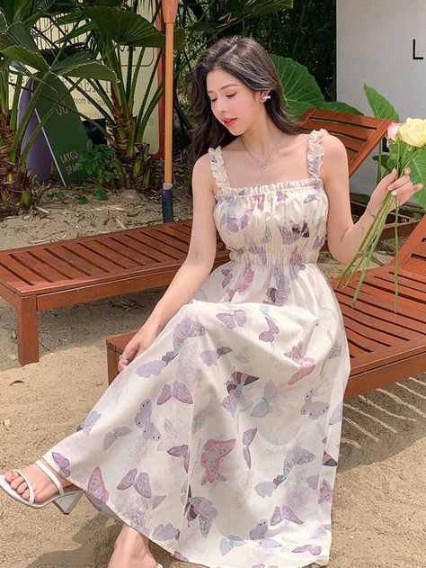 Canary Houze · Products · Blooming Beauty: Floral Print Empire Waist Spaghetti Strap Dress · Shopify Butterfly Print Clothes, Korean Floral Dress, Cute Dress Outfits, Mesh Bodycon Dress, Evening Gowns Elegant, Womens Floral Dress, Beauty Dress, Butterfly Dress, Spaghetti Strap Dress