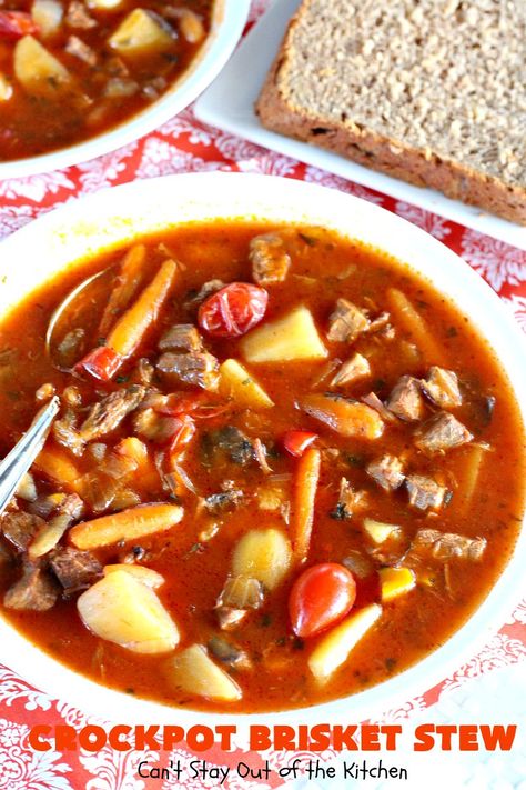 Crockpot Brisket Stew – Can't Stay Out of the Kitchen Leftover Smoked Brisket Stew, Brisket Soup, Crockpot Brisket, Brisket Stew, Homemade Stew, Leftover Beef Stew, Brisket Crock Pot, Bbq Beef Brisket, Brisket Meat