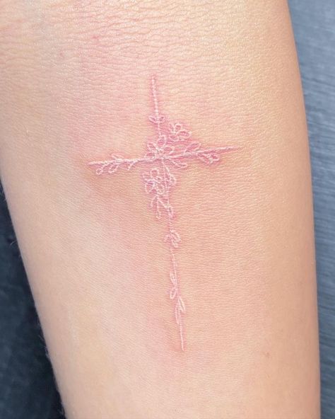 Aesthetic White Tattoo, White Ink Sleeve, White And Pink Tattoo, Tiny White Tattoos, Pink Back Tattoo, White Ink Cross Tattoo, Small White Tattoo For Women, Pink Line Tattoo, Minimalist White Tattoo Small