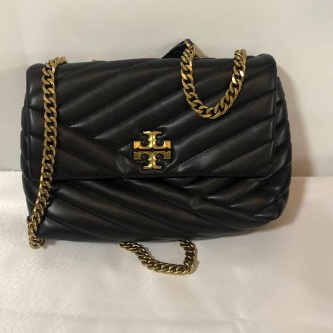 Tory Burch Kira Chevron Small Convertible Shoulder Crossbody Leather Black Bag Shoulder Guard, Tory Burch Kira Chevron, Kira Chevron, Tory Burch Kira, Black Leather Bags, Black Bag, Quilted Leather, Chain Strap, Convertible