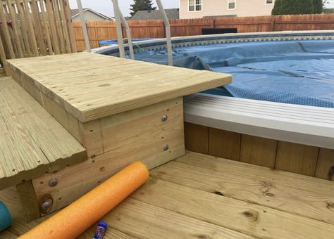 Wood Deck Around Above Ground Pool, Above Ground Pool Jumping Platform, Pool Scaping, Deck Update, Pool Stairs, Semi Inground Pool, Above Ground Pool Steps, Inground Pool Ideas, Pallet Deck