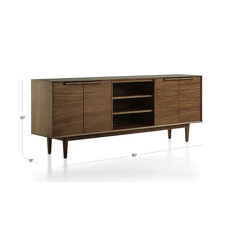 Tate Walnut 80" Media Console + Reviews | Crate and Barrel Mid Century Modern Media Console, Modern Media Console, Pick Up Trash, Media Wall, Media Console, Walnut Veneer, Wood Storage, Drawer Fronts, Floor Lights