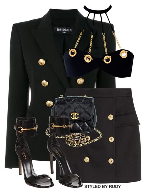 "Untitled #744" by styledbyrudy ❤ liked on Polyvore featuring Balmain, Agent Provocateur, Chanel and Gucci Gold Outfit Black Women, Black And Gold Outfits, Black Gold Outfit, Ssense Fashion, Black And Gold Outfit, Chanel Outfit, Gucci Dress, Gold Outfit, Expensive Clothes