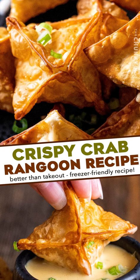 Even better than ordering takeout, this Crab Rangoon recipe is very simple to make, and is such an irresistible appetizer! Crunchy wonton wrappers wrapped around a creamy imitation crab meat filling... perfectly dip-able, and they're freezer-friendly too! Wanton Wrapper Recipes, Crab Rangoon Filling, Wonton Wrapper Recipes, Crab Rangoons, Food Shrimp, Rangoon Recipe, Crab Rangoon Recipe, The Chunky Chef, Chunky Chef