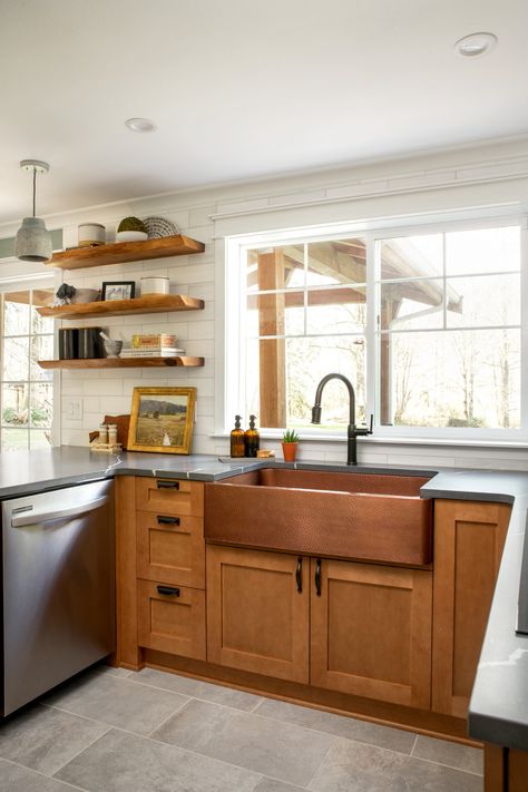 Full-Service Design - Craftsman - Kitchen - Seattle - by InkBerry Home | Houzz Small Craftsman Kitchen, Modern Craftsman Kitchen, Beach Townhouse, Kitchen Open Shelving Ideas, Craftsman Cabinets, Craftsman Style Kitchens, White Wood Kitchens, Oregon Beach, Bungalow Kitchen