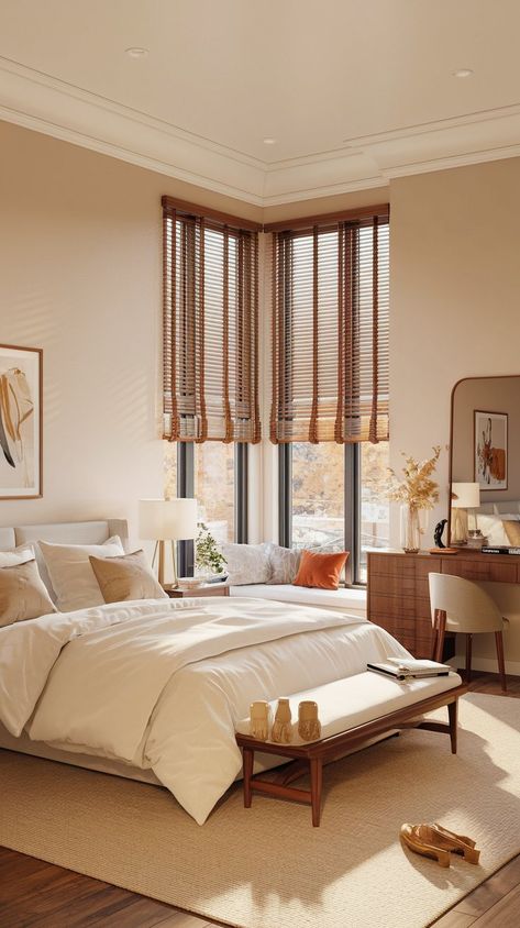 Step into a serene sanctuary that captures the essence of fall! 🍂✨ This modern bedroom radiates warmth with its abundant natural light and inviting decor. Soft textures, earthy tones, and seasonal accents harmonize perfectly, creating a space where comfort meets style. Perfect for curling up with a good book or enjoying a morning coffee as the leaves change. Discover how to transform your bedroom into a cozy retreat this autumn! Warm Tone Bedroom, Cozy Modern Bedroom, Bedroom Oasis, Light Bedroom, Warm Tone, Morning Light, Earthy Tones, Soft Textures, Modern Bedroom